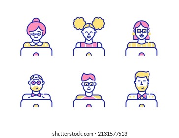 Male and female people of different ages working or learning at laptops. Pixel perfect, editable stroke fun color icons