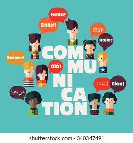 Male and female people icons with colorful dialog speech bubbles in different languages and the word "communication". Communication, chat, assistance, interpretation and people connection concept