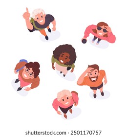 Male and female people looking up. Cartoon people top view look upwards, men and women view from above amazed something in sky flat vector illustration set. People staring up