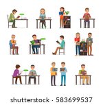 Male and female people reading books collection on white. Adults and old people sitting at table and standing read exciting books and deep their knowledge vector colourful poster in flat design