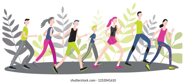Male and female people running marathon together, making traning, daily sport concept