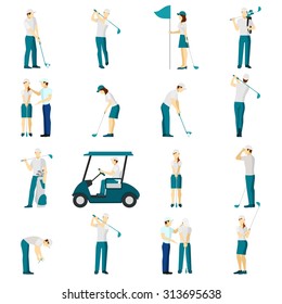 Male and female people silhouettes playing golf flat icons set isolated vector illustration