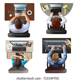 Male and female people of various professions sitting at their workplaces 2x2 concept set isolated on white background top view realistic vector illustration