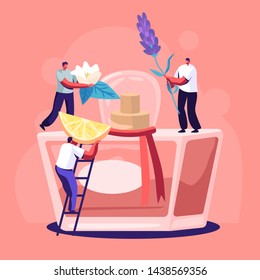 Male and Female Perfumer Characters Create New Perfume Fragrance. Tiny People Bring Ingredients to Huge Sprayer Bottle with Toilet Water. Aroma Composition. Perfumery Cartoon Flat Vector Illustration