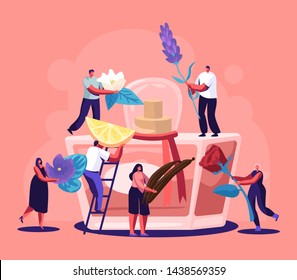 Male And Female Perfumer Characters Create New Perfume Fragrance. Tiny People Bring Ingredients To Huge Sprayer Bottle With Toilet Water. Aroma Composition. Perfumery Cartoon Flat Vector Illustration