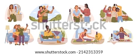 Male and female personages taking photos on smartphones set. Vector flat cartoon characters making selfies capturing life moments. Traveling and relaxing, family evening rest and friends night out
