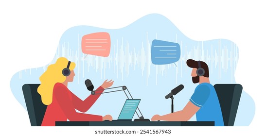 Male and female persons recording audio discussion in online radio broadcast studio. Man and woman podcast talking with microphones and headphones. Live streaming channel podcasting and broadcasting