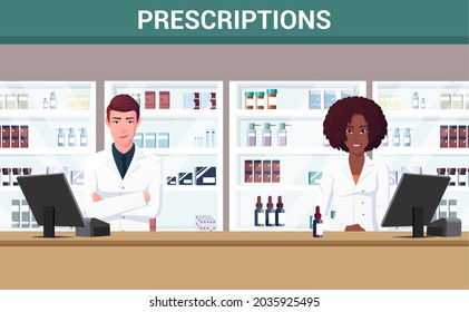 Male And Female Pharmacists Standing In Front Of Pharmacy Counter Premium Vector