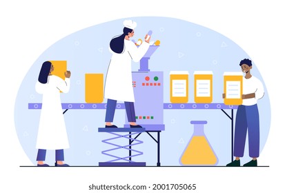 Male And Female Pharmacists Working At Huge Production Line Machine. Conveyor Belt With Pills. Concept Of Pharmaceutical Industry Medical Drugs Producing At Factory. Flat Cartoon Vector Illustration