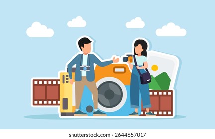 fotógrafos do sexo masculino e feminino tendo uma discussão perto de um filme da câmera e ilustração da galeria de fotos de uma sessão de compartilhamento sobre a produção do filme