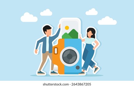 Fotógrafos do sexo masculino e feminino perto da câmera e impressões de fotos ilustração de seleção ou classificação de resultados de fotografia