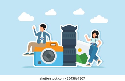 Fotógrafos masculinos e femininos perto da lente da câmera e ilustração do álbum de fotos da sessão de fotos ou localização