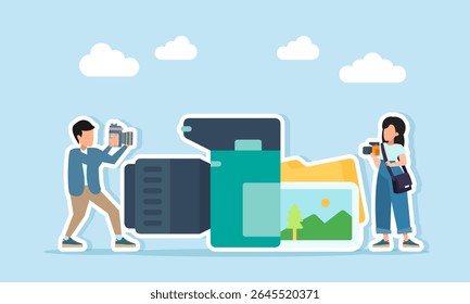 fotógrafos do sexo masculino e feminino perto da câmera e da galeria de fotos ilustração da pasta do estoque de caça foto para o conteúdo visual comercial ou pessoal