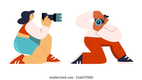 Male and female photographers sit in funny positions and take pictures with cameras. World phorography day. Flat hand drawn cartoon vector illustration