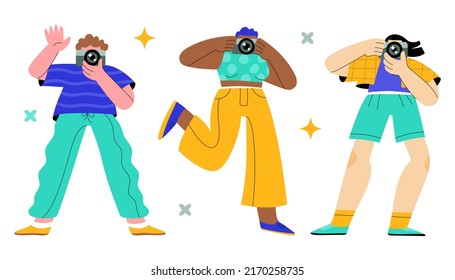 Male and female photographers stand in funny positions and take pictures or filming videos with cameras. World photography day. Full length characters. Flat hand drawn cartoon vector illustration