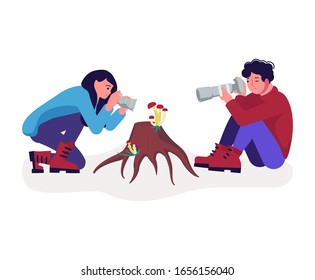 Male and female photographers taking photo of mushrooms on the old stump. Isolated on white. Flat Art Vector Illustration