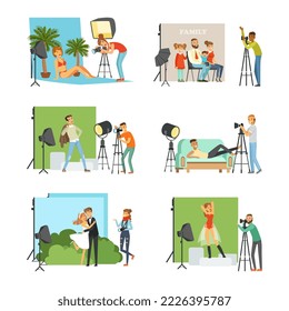 Male and female photographers working at photographic studio photographing people during photo session set flat vector illustration