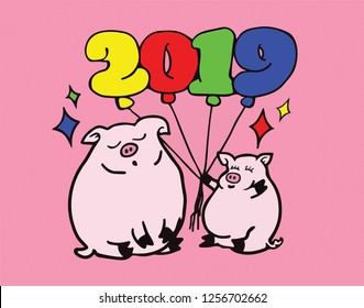 A male and female pig holding balloons with the number 2019 for the concept: 2019 year of the pig.  Hand drawn vector illustration.