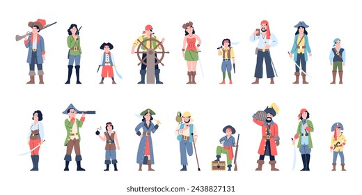 Male and female pirates. Corsair and ship team, children and adults in theater or performance costumes. Marine adventures, tales recent vector characters