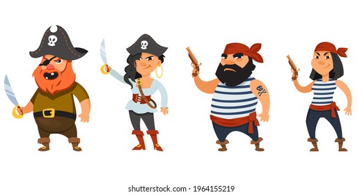 Male and female pirates holding weapons. Funny characters in cartoon style.