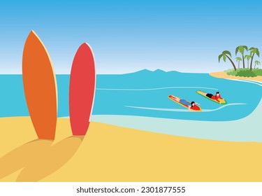Male and female playing surfing on the beach