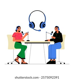 Male And Female Podcasters Recording In Flat Vector Illustration Symbolizing Audio Production, Broadcasting, And Creativity, Isolated On White Background.