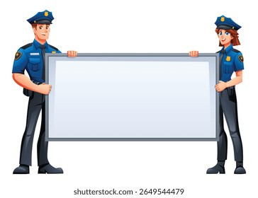 Male and female police officers holding a blank horizontal white sign for your custom text. Vector cartoon character illustration