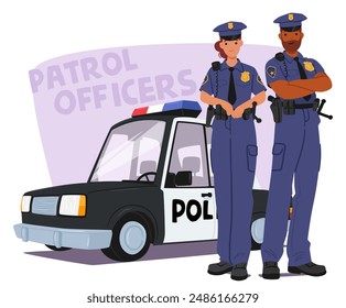 Male And Female Police Officers In Uniform Standing By A Patrol Car. Characters Appear Confident And Ready For Duty, Symbolizing Security, Protection, And Law Enforcement Teamwork. Vector Illustration