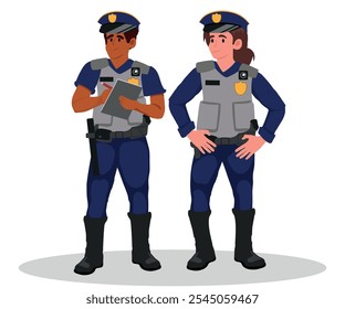 Male And Female Police Officers In Uniform, Standing With Confidence Depict Teamwork, Authority, And Professionalism In Law Enforcement. Concepts Of Public Safety, Police Force, And Community Security