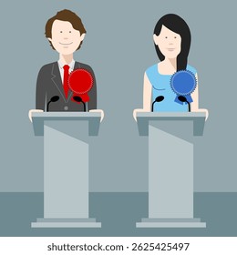 Male and female political candidates standing at rostrums. Vector available.