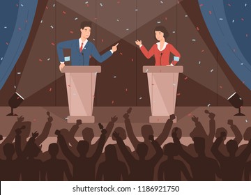 Male and female politicians taking part in political debates in front of audience. Pair of government workers talking to each other or having dispute. Colorful vector illustration in cartoon style.