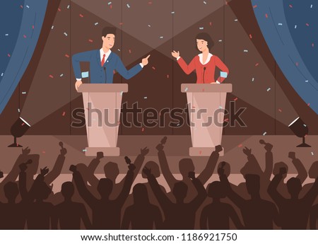 Male and female politicians taking part in political debates in front of audience. Pair of government workers talking to each other or having dispute. Colorful vector illustration in cartoon style.