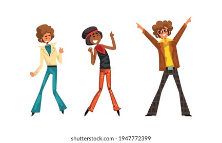 Male and Female Pop Musicians Characters Set, Performer Singers Wearing 70s Retro Fashion Style Clothes Cartoon Vector Illustration