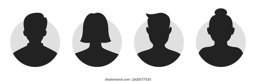 Silhuetas de retrato masculino e feminino. Avatar, ou perfis para pessoas desconhecidas e anônimas. Retrato de homem e mulher. Ícones de avatar representando perfis Masculino e Feminino