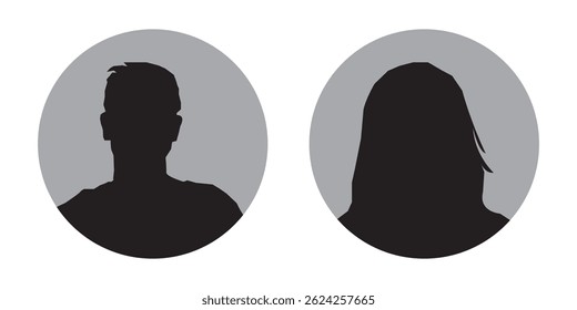Retratos masculinos e femininos, avatares ou perfis para pessoas anônimas desconhecidas. Homem, mulher, gente. Ilustração vetorial em preto e branco.