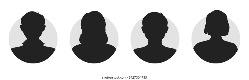 Male and female portraits, silhouettes, avatars or profiles for unknown anonymous persons. Man, woman, people. Black and white vector illustration. All objects are isolated