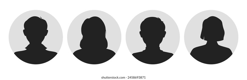 Male and female portraits, silhouettes, avatars or profiles for unknown anonymous persons. Man, woman, people. Black and white vector illustration. All objects are isolated