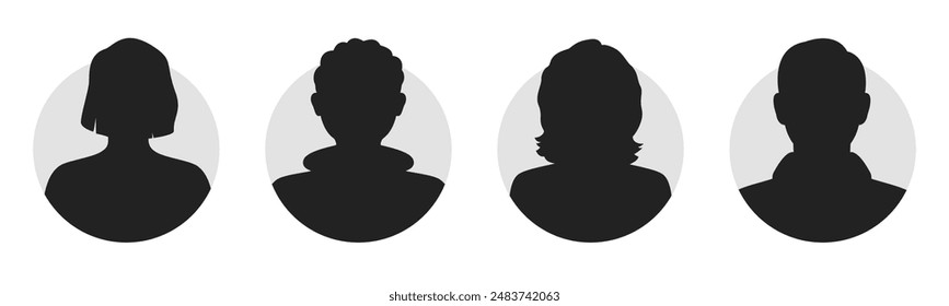 Porträts von Männern und Frauen, Silhouetten, Avatare oder Profile unbekannter anonymer Personen. Mann, Frau, Leute, Afroamerikaner. Schwarzweiß-Vektorillustration. Alle Objekte werden isoliert