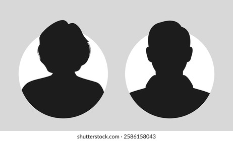 Male and female portraits, silhouettes, avatars or profiles of unknown anonymous people. Man, woman, people. Black and white vector illustration. All objects are isolated