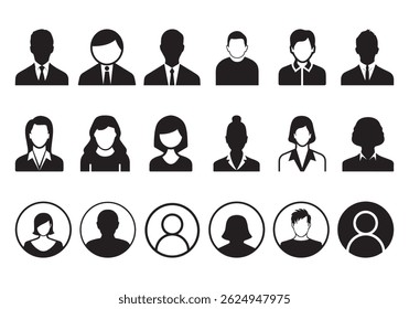 Male and female portraits, silhouettes, avatars or profiles of unknown anonymous people. Man, woman, people, African American. Black and white vector illustration. All objects are isolated