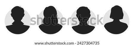 Male and female portraits, silhouettes, avatars or profiles for unknown anonymous persons. Man, woman, people. Black and white vector illustration. All objects are isolated