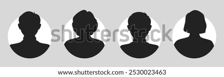 Male and female portraits, silhouettes, avatars or profiles for unknown anonymous persons. Man, woman, people. Black and white vector illustration. All objects are isolated