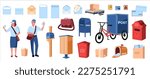 Male and female postman with bag with letters, mailbox, transport. Professions, delivery concept