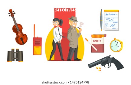 Male And Female Private Detective With Tools Set, Gun, Bullets, Radio, Violin, Binoculars, Vector Illustration