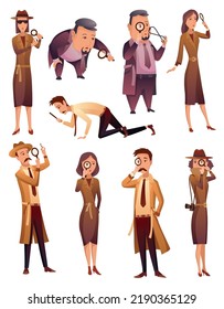 Male And Female Private Detectives And Inspectors Investigate Crime And Look For Evidence. Detective Characters With Magnifying Glass Cartoon Flat Style