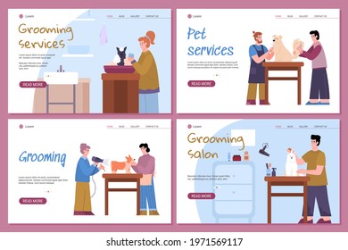 Male and female professional barbers grooming dogs. Groomers care for puppy fur - cut, wash and comb them. Landing pages templates for pet animals salon. Vector illustrations.