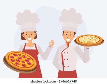 male and female in professional uniform and chef hat with holding pizza ,ok hand sign. Flat Vector cartoon character illustration.