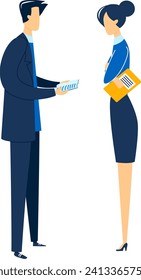 Male and female professionals exchange documents. Businessman and businesswoman in formal attire with paperwork. Office collaboration, corporate meeting vector illustration.