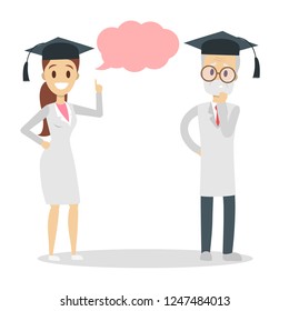 Male and female professor character in the uniform and graduation cap smiling with speech bubble above. Talk to scientist. Isolated flat vector illustration