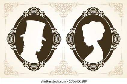 Perfil masculino y femenino de estilo victoriano clásico. Conjunto de siluetas vectoriales de señora y caballero en marcos ornamentales sobre fondo con estampado vintage